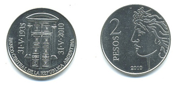 Аргентина 2 песо 2010 75 лет Центральному Банку KM 162 медно-никель UNC 36-112