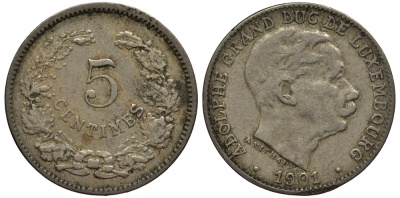 Люксембург 5 сантимов 1901 герцог Адольф (1890-1905) KM 24 медно-никель 4528-269