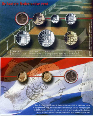 Нидерланды 1 цент 2001 в картонном буклете, последний цент Беатрикс медь цинк UNC 2-6-3-22