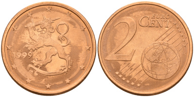 Финляндия 2 евроцента 1999  KM 99 сталь плакированная медью  UNC  4160-343