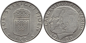 Швеция 1 крона 1988 Карл XVI Густав (1973- ) KM 852a медно-никель 4397-1231