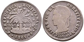 Боливия 2 соля 1861 FJ KM 135.2 серебро 4178-1241