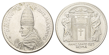 Ватикан медаль в честь объявление Папой Римским Павлом VI Юбилейного года (Anno Santo) 1975 Павел VI, диаметр 35 мм, вес 16 гр бронза плакированная серебро 4667-1144