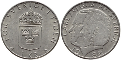 Швеция 1 крона 1988 Карл XVI Густав (1973- ) KM 852a медно-никель 4397-1231