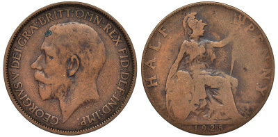 Великобритания 1/2 пенни 1925 Георг V (1910-1936), штрих на A - прямой KM 824, Spink 4057 бронза 4128-851
