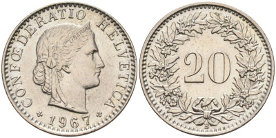 Швейцария 20 раппенов 1967 В KM 29а медно-никель 4585-1067