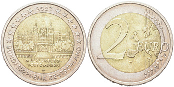 Германия 2 евро 2007 D, Федеральные земли Германии - Шверинский Замок, Мекленбург-Передняя Померания KM 260 биметалл UNC 4126-1235