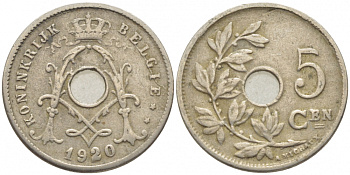 БЕЛЬГИЯ 5 САНТИМОВ 1920 BELGIE KM 67 медно-никель 112-233