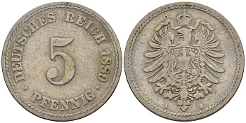 Германия 5 пфеннигов 1889 A, старогербовка KM 3, J. 3 медно-никель 4151-362