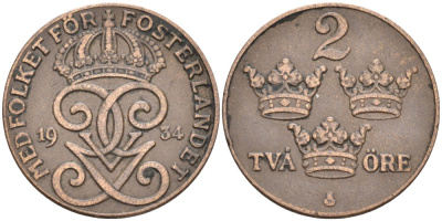 Швеция 2 эре 1934 Густав V (1907-1950) KM 778 бронза 63-1341
