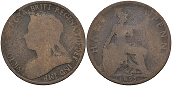 Великобритания 1/2 пенни 1895 Виктория (1837-1901) KM 789, Spink 3962 бронза 4146-112