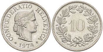 Швейцария 10 раппенов 1974 KM 27 медно-никель 55-454