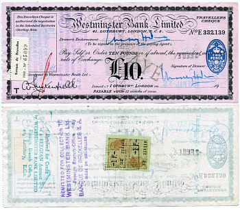 АНГЛИЯ ДОРОЖНЫЙ ЧЕК НА 10 ФУНТОВ 1954 ВЫПИСАН 24 ЯНВАРЯ 1954, WESTMINSTER BANK LIMITED, LONDON, LOTHBURY 41, ОБНАЛИЧЕН В БРЮССЕЛЬСКОМ ОТДЕЛЕНИИ НА ФРАНКИ С КОМИССИЕЙ В 1 ФРАНК, НАКЛЕЕНА МАРКА бумага 6262-21-3