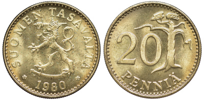 Финляндия 20 пенни 1980 K KM 47 алюминиевая бронза UNC 259-543
