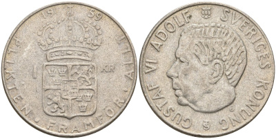 Швеция 1 крона 1959 TS, Густав VI Адольф (1950-1973) KM 826 серебро 4150-111