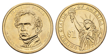 США 1 доллар 2010 P, Президент США - Франклин Пирс (1853-1857) KM 476 медь с марганцево-латунным покрытием UNC 4624-536