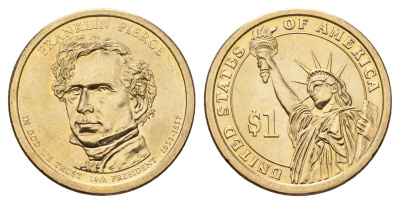 США 1 доллар 2010 P, Президент США - Франклин Пирс (1853-1857) KM 476 медь с марганцево-латунным покрытием UNC 4624-536