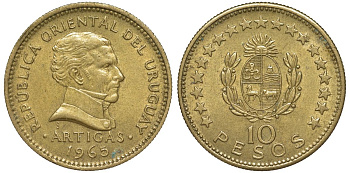 Уругвай 10 песо 1965 KM 48 алюминиевая бронза 69-911