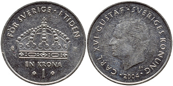 Швеция 1 крона 2004 Карл XVI Густав (1973- ) KM 894 медно-никель 177-654