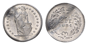 Швейцария игровой жетон в 2 франка 1954 диаметр 16 мм, вес 0,36 гр алюминий 4651-1168