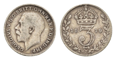 Великобритания 3 пенса 1919 Георг V (1910-1936) KM 813, Spink 4015 серебро 4644-239