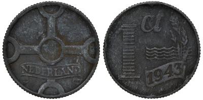 НИДЕРЛАНДЫ 1 ЦЕНТ 1943 ВИЛЬГЕЛЬМИНА (1890-1948) KM 170 цинк 72-1627