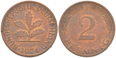 ФРГ 2 ПФЕННИГА 1974 G KM 106a, J.381a сталь плакированная сталь плакированная медьюю 3955-656