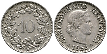 ШВЕЙЦАРИЯ 10 РАППЕНОВ 1953 В KM 27 медно-никель 4539-446