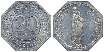 Германия, Нюрнберг - Фюрт 20 пфеннигов ND трамвайный жетон, мадонна алюминий UNC 4119-721