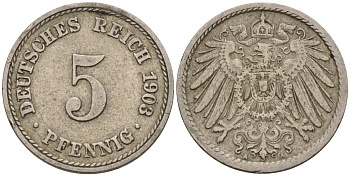 Германия 5 пфеннигов 1903 F KM 11, J. 12 медно-никель 4151-441