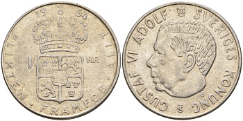 Швеция 1 крона 1954 TS, Густав VI Адольф (1950-1973) KM 826 серебро 4148-1143