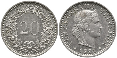ШВЕЙЦАРИЯ 20 РАППЕНОВ 1991 В KM 29а медно-никель 4539-642