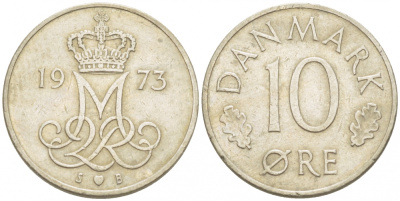 ДАНИЯ 10 ЭРЕ 1973 S; B, МАРГРЕТЕ II (1972-) KM 860.1 медно-никель 3309-158