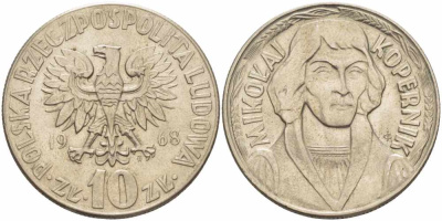 Польша 10 злотых 1968 MW, Николай Коперник KM 51а медно-никель 109-615