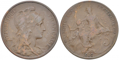 ФРАНЦИЯ 5 САНТИМОВ 1916 ТИП ДАНИЭЛЬ ДЮПЮИ, INCLUS KM 842, LE FRANC 119.29 бронза 4402-722