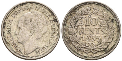 Нидерланды 10 центов 1935 Вильгельмина I (1890-1948) КМ 163 серебро 4547-931
