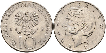 Польша 10 злотых 1975 MW, Адам Мицкевич (1798-1855) KM 74, Parchimowicz 242a медно-никель 4556-1233