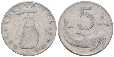 Италия 5 лир 1954 R, руль, дельфин KM 92 алюминий 4576-845