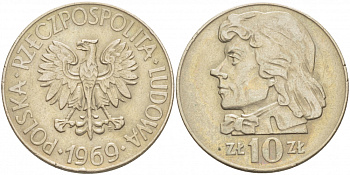 Польша 10 злотых 1969 MW, Тадеуш Костюшко KM 50a медно-никель 4517-815