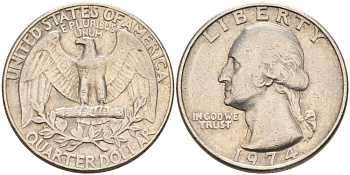 США 25 центов (квотер) 1974 Вашингтон KM 164a медь плакированная медно-никелем 92-1222