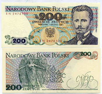 ПОЛЬША 200 ЗЛОТЫХ 1988 1 ДЕКАБРЯ 1988, ЯН ГЕНРИК ДОМБРОВСКИЙ Pick 144с бумага UNC (ПРЕСС) 7548-37-2