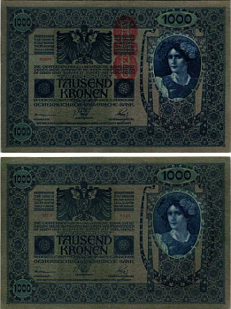 АВСТРИЯ 1000 КРОН 1919 КРАСНАЯ ВЕРТИКАЛЬНАЯ НАДПЕЧАТКА НА 1902 Pick 59 бумага аUNC 3295-123-1