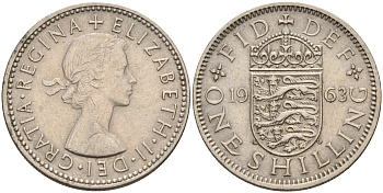 Великобритания 1 шиллинг 1963 Елизавета II (1952-2022), Английский герб KM 904, Spink 4147 медно-никель    4595-853
