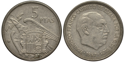 ИСПАНИЯ 5 ПЕСЕТ 1957 (64) ФРАНСИСКО ФРАНКО ДИКТАТОР ИСПАНИИ (1939-1975) KM 786 медно-никель F 4182-431