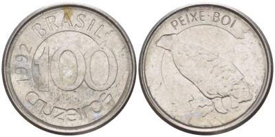 БРАЗИЛИЯ 100 КРУЗЕЙРО 1992 РЕФОРМА 1990-1993, ЛАМАНТИН KM 623 нержавеющая сталь 4392-1357