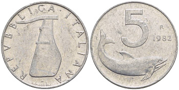 Италия 5 лир 1982 R, дельфин, руль KM 92 алюминий 4551-137
