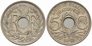 ФРАНЦИЯ 5 САНТИМОВ 1918 ТИП ЛИНДАЙЁ KM 865, LE FRANC 121.2 медно-никель 28-332