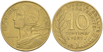 Франция 10 сантимов 1980 тип Marianne KM 929, LE FRANC 144.20 медь алюминий никель 4511-932