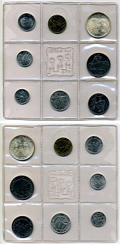 Сан-Марино годовой набор из 8 монет 1974 1, 2, 5, 10, 20, 50, 100 и 500 лир два стилизованных голубя KM 30-37, в оригинальной пластиковой запайке серебро KM MS3 серебро UNC 3-4-5-28