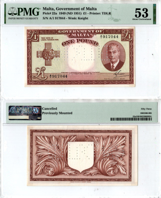 Мальта 1 фунт 1949 (1951) в слабе компании PMG. Сохранность - 53, перфорация "CANCELLED" Pick 22 a бумага 452-3-40